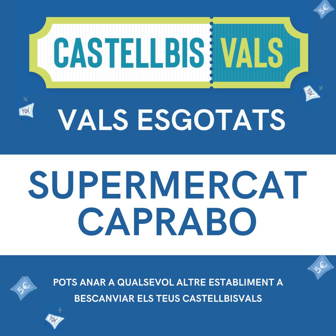 SUPERMERCAT CAPRABO ha arribat al màxim de bescanvi de #CASTELLBISVALS!
Pots utilitzar els teus vals en la resta d'establiments adherits a la campanya.
🔍 Consulta el llistat a CASTELLBISVALS.cat
 #vals #compralocal #ameitatdepreu #comerç #serveis #restauracio