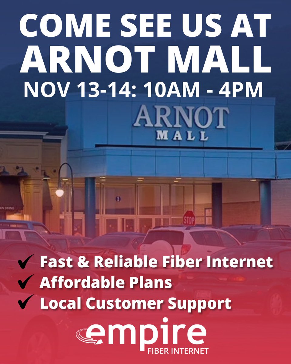 📍 We’ll be at Arnot Mall this week!

Stop by our Empire Fiber Internet table on November 13-14, from 10 AM - 4 PM

Swing by, say hi, and find out why more people are switching to Empire Fiber Internet every day.

#EmpireFiberInternet  #ArnotMall