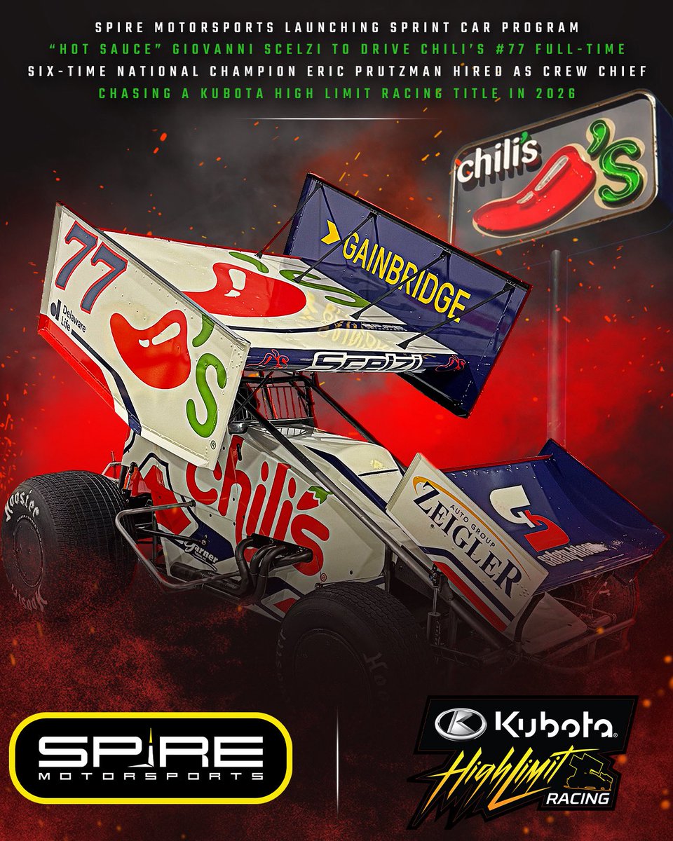 HighLimitRacing's tweet image. Welcome a new team &amp;amp; brand to Sprint Car Racing. 🤝🏼

@SpireMotorsport is launching a program to join @Kubota_USA High Limit Racing full-time with @GioScelzi hired to drive the @Chilis No. 77.