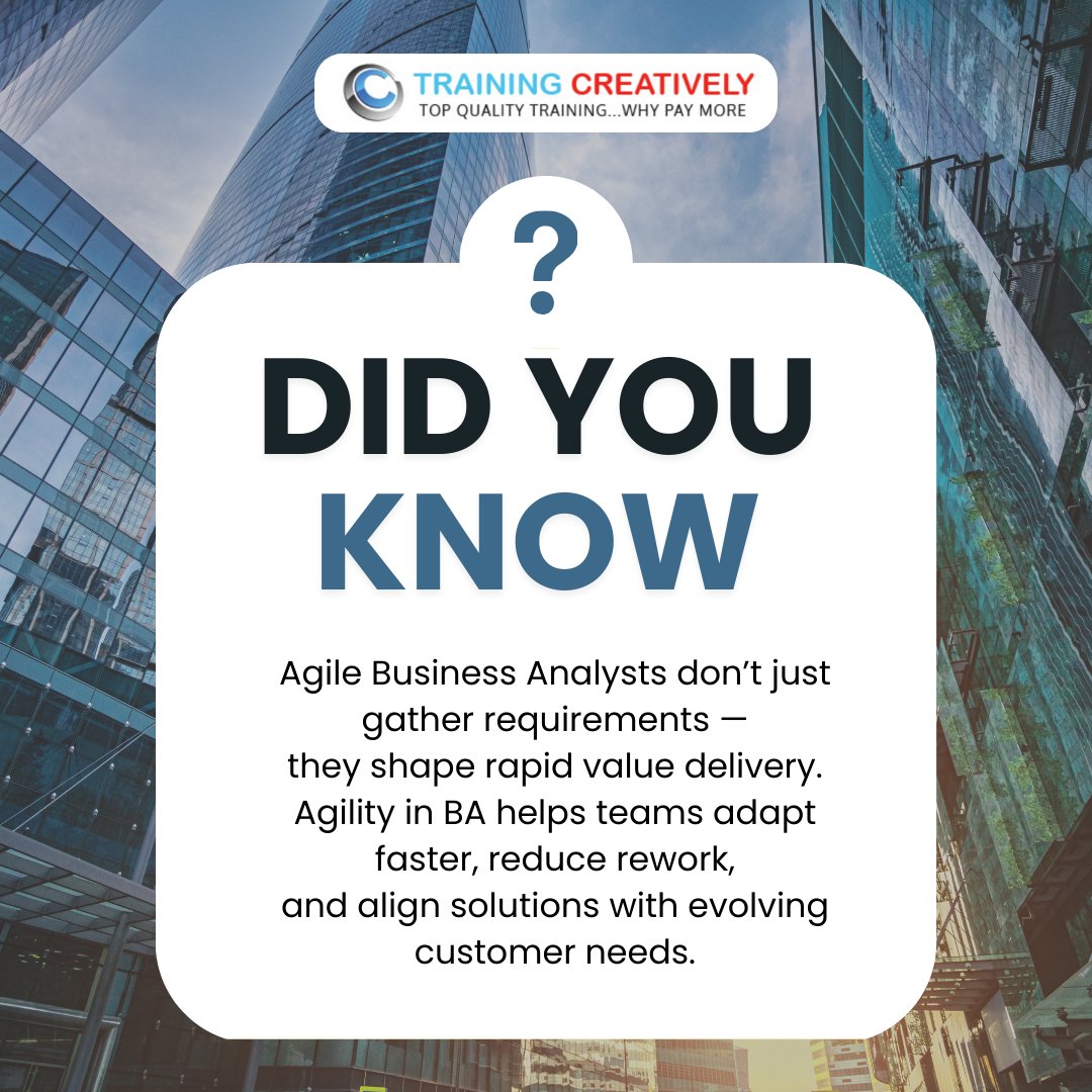 traincreatively's tweet image. 💡 Did you know?
Agility in business analysis enables organisations to adapt quickly, deliver value faster, and stay aligned with evolving customer needs. 

Explore our AgileBA® and BA courses.
👉 zurl.co/iPy21

#AgileBA #BusinessAnalysis #TrainingCreatively