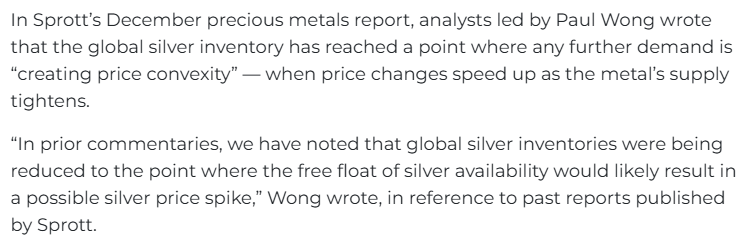 Los inventarios globales de plata 🥈 han llegado a un punto tan bajo en el que cualquier demanda adicional "genera convexidad en los precios": posible aceleración fuerte del precio de la plata a medida que se va reduciendo la oferta (Sprott/Mining)