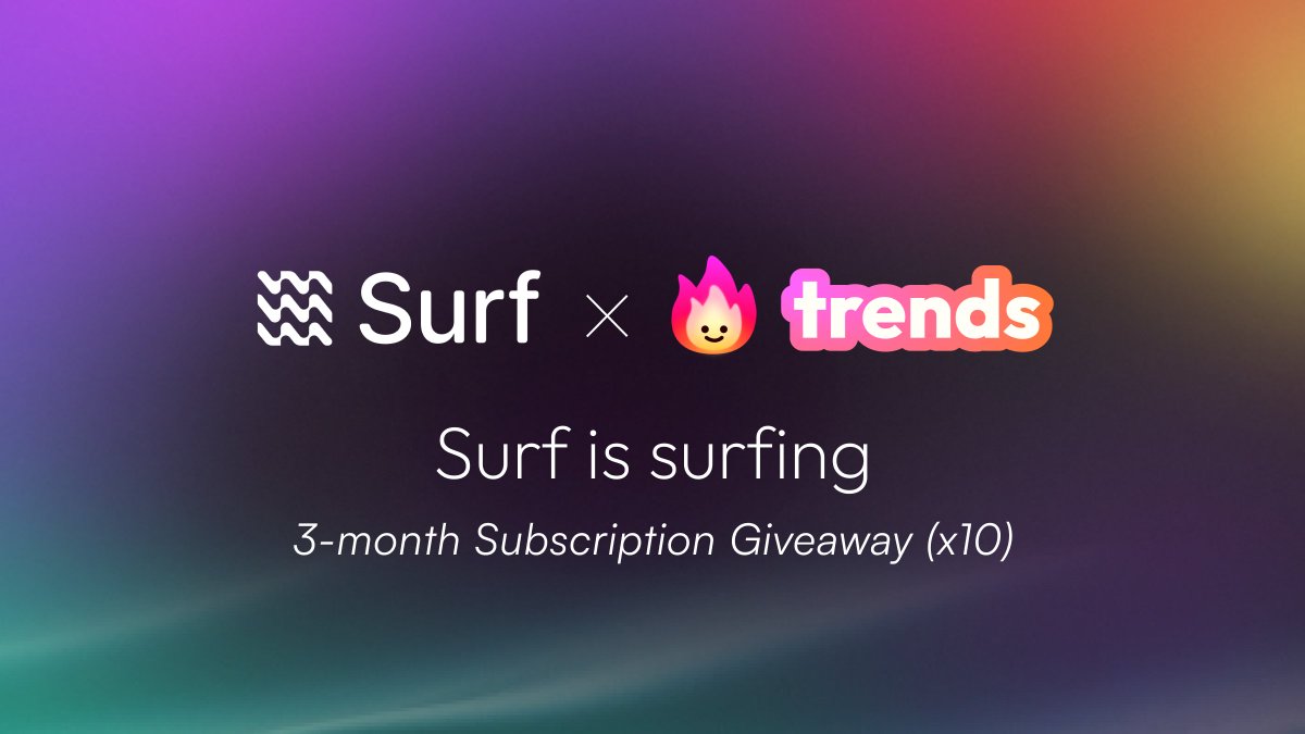 trendsdotfun's tweet photo. SURF is surfing

@SurfAI team kindly donated its creator fee on @trendsdotfun to giveaway 10x 3-month subscription plan ($39/mo)

Quote retweet this post with what you use @SurfAI for (in any language) to be eligible, we will select 10 participants to give away!

Trend is good!