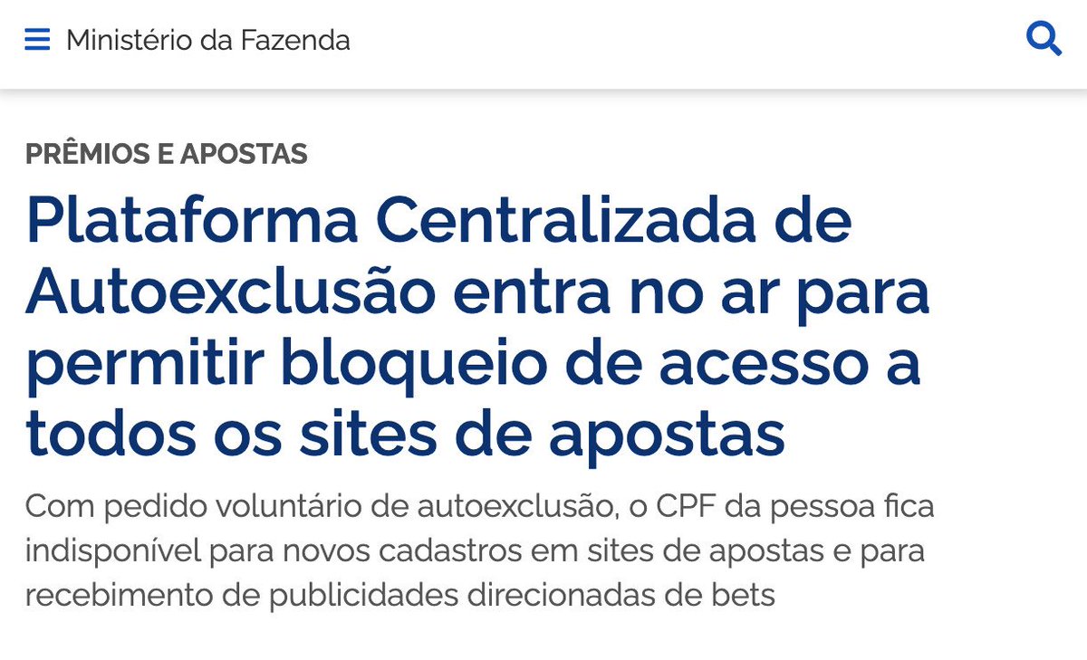 Scomparin_Pedro's tweet image. 🟢 Assunto sério agora:

Governo colocou no ar uma plataforma pra que pessoas possam bloquear a si mesmas, de uma só vez, de TODOS os sites de apostas autorizados.

Nela, o CPF passa a ficar indisponível pra novos cadastros e recebimento de publicidade de bets. É uma medida pra…