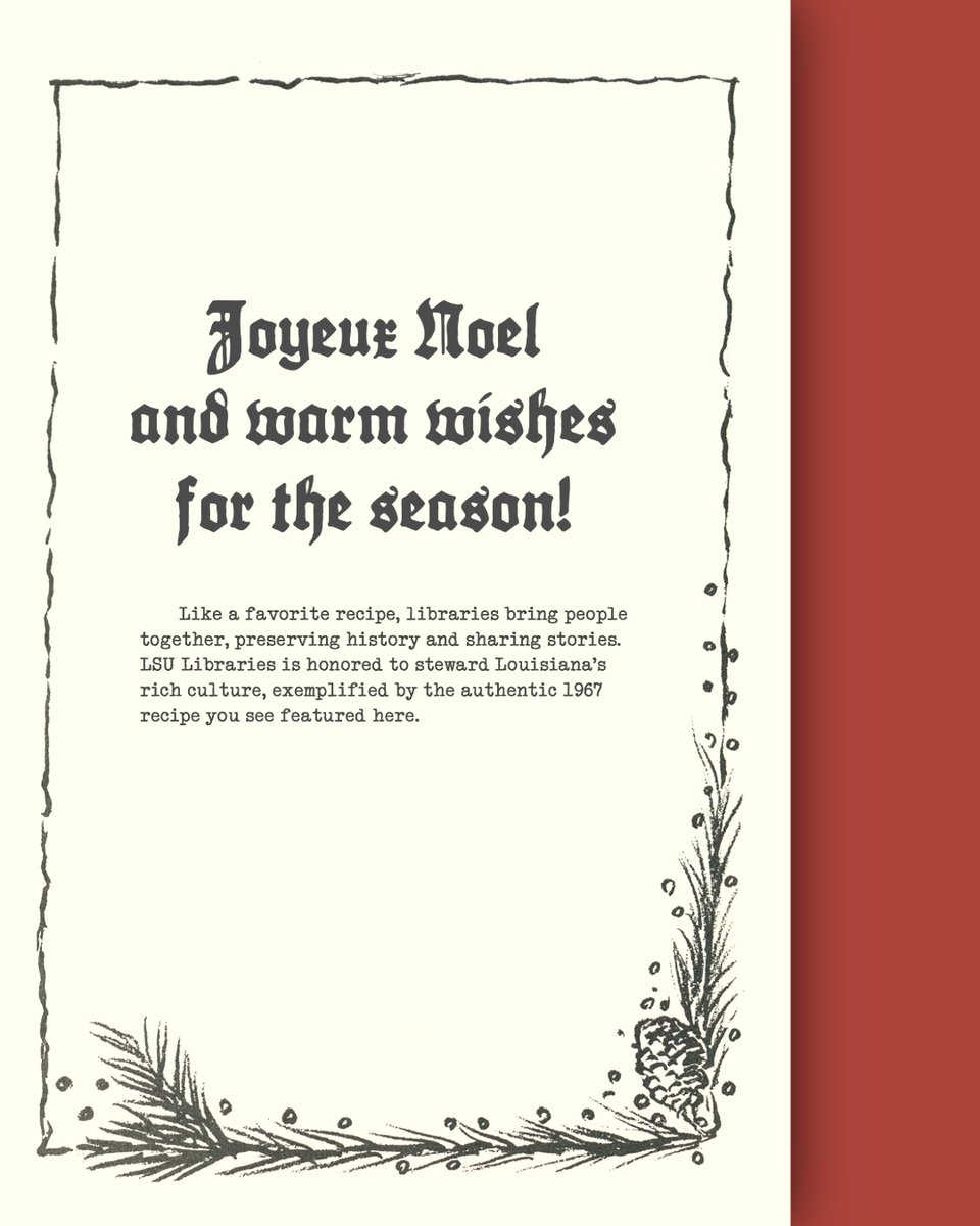 lsulibraries's tweet photo. Joyeux Noël from #LSULibraries! This holiday card is inspired by a 1967 recipe book found in LSU Special Collections, and published by Baton Rouge’s own Claitor’s Book Store. We’re delighted to share a taste of it with you. https://t.co/4XesjmwGd4