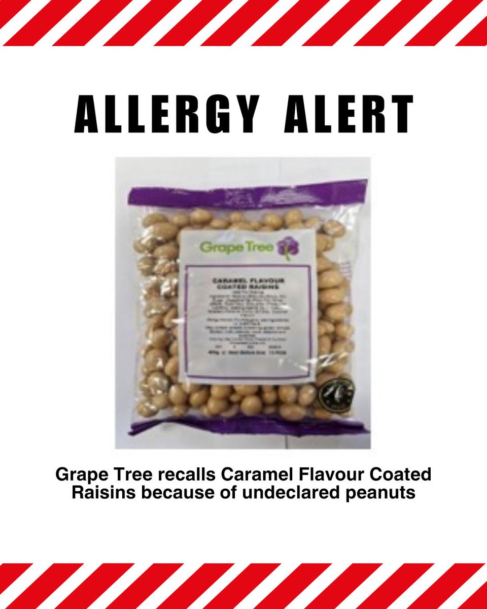 Grape Tree is recalling Caramel Flavour Coated Raisins because they contain peanuts which is not mentioned on the label. This means the product is a possible health risk for anyone with an allergy to peanuts.

food.gov.uk/news-alerts/al…