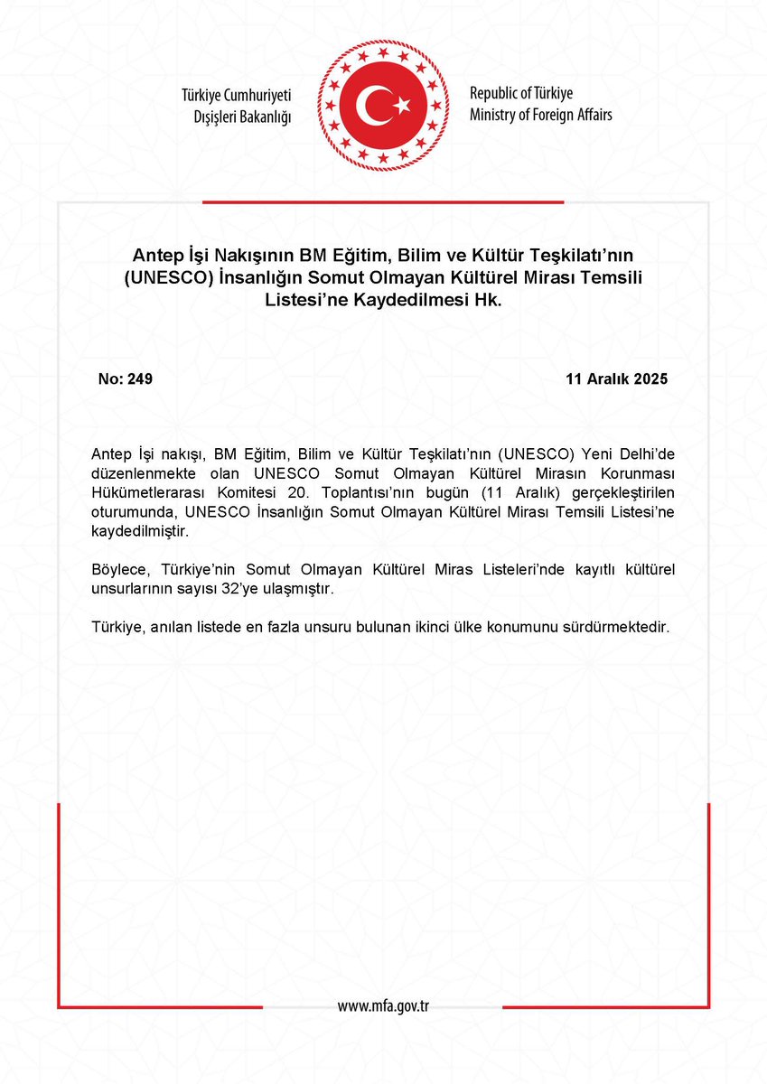 Antep İşi Nakışının BM Eğitim, Bilim ve Kültür Teşkilatı’nın (UNESCO) İnsanlığın Somut Olmayan Kültürel Mirası Temsili Listesi’ne Kaydedilmesi Hk. mfa.gov.tr/no_-249_-antep…