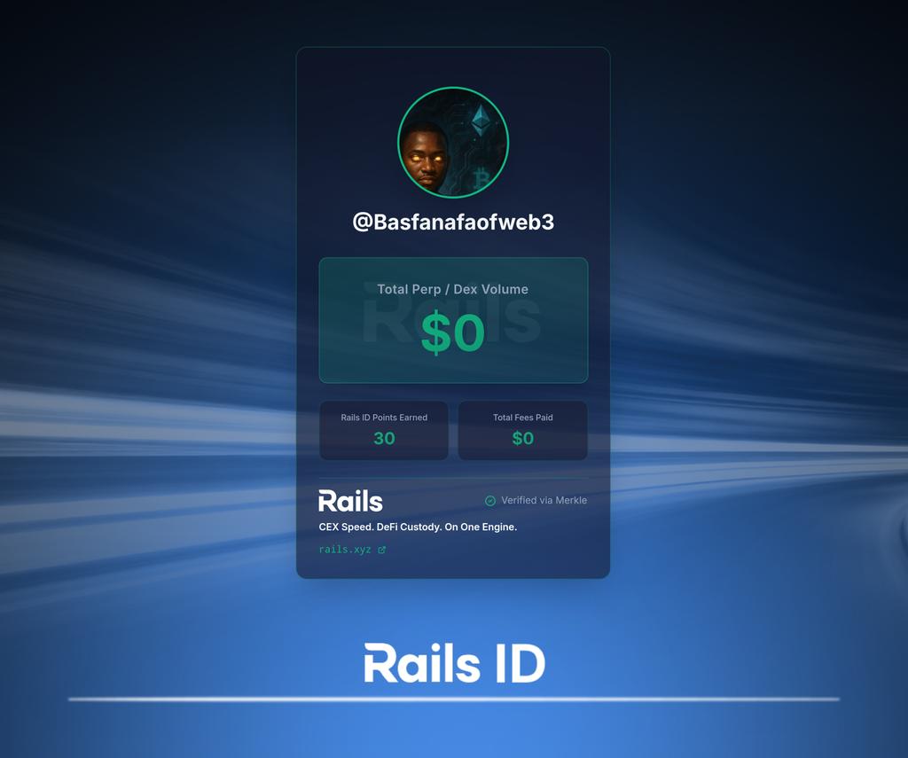 Claimed my Rails ID. 30 Rails ID Points already locked in from my 0 total DEX volume.

The next step is starting an evaluation on Rails Play, the newest perps training ground from <a href="/rails_xyz/">Rails</a>, to earn boosted rewards.

Get your Rails ID: quest.rails.xyz/onboard?r=Basf…
