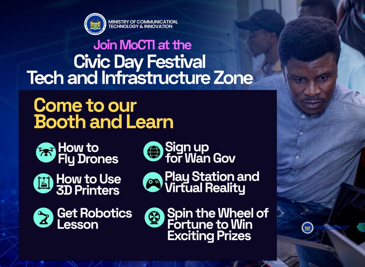 Salone Civic Festival! 

If you are looking for work you can do from anywhere with strong internet, visit the <a href="/MoCTI_SL/">Ministry of Communication, Tech and Innovation</a> , <a href="/DSTISierraLeone/">Directorate of Science, Technology & Innovation</a> , UADF, <a href="/wangovsl/">wangov</a> , <a href="/SLDTP_GoSL/">Sierra Leone Digital Transformation Project</a> , &amp; <a href="/feleitechcity/">Felei TechCity</a> 

We are at the back gate, behind the Miatta Conference Centre

#SaloneBigpassWeAll