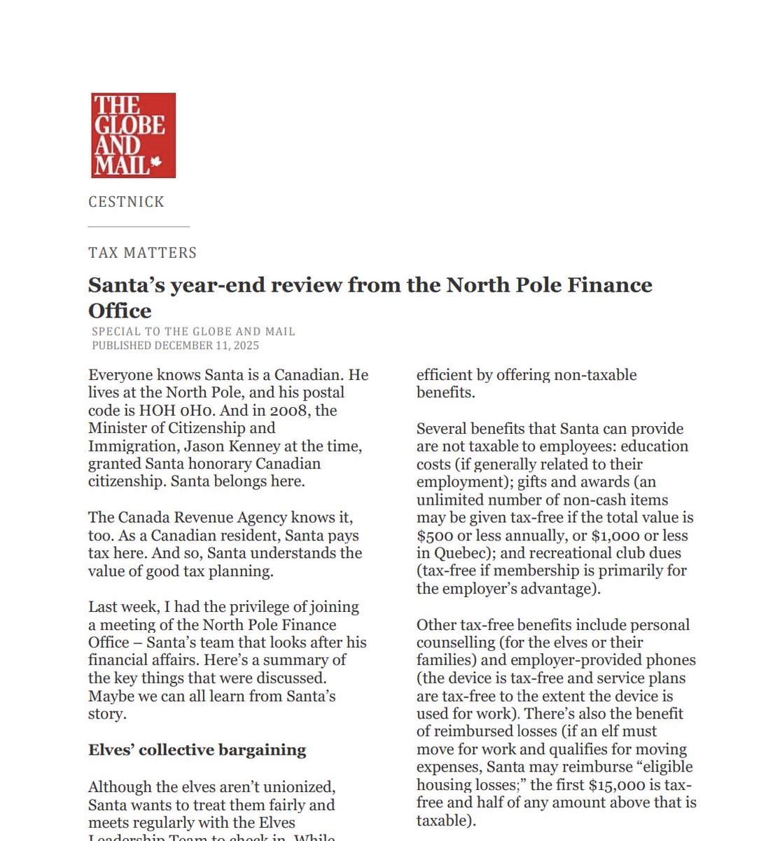 Our Co-Founder and CEO, Tim Cestnick, has written a recent piece in The Globe and Mail, "Santa’s year-end review from the North Pole Finance Office" bit.ly/3KBFw0Z #taxmatters #finances #theglobeandmail #ourfamilyoffice