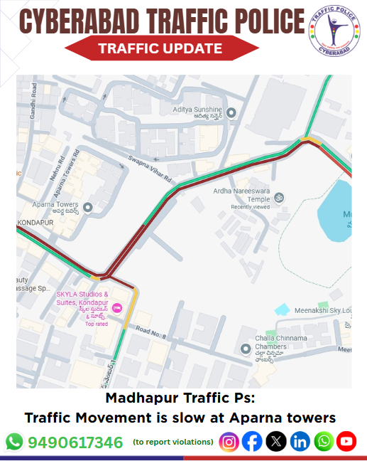 CYBTRAFFIC's tweet photo. Madhapur Traffic PS Update:
Traffic movement is slow at aparna towers due to heavy traffic flow.
Cyberabad Police are monitoring the situation and clearing the congestion.
#trafficupdate #madhapurtraffic #heavytraffic #slowmovement #cyberabadtraffic