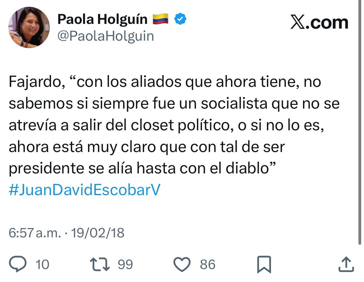 La precandidata <a href="/PaolaHolguin/">Paola Holguín 🇨🇴</a> ahora dice que aceptaría una alianza con Fajardo… pero fue ella misma quien decía que, “por sus aliados, no sabemos si siempre fue un socialista que no se atrevía a salir del clóset político”. ¿Entonces en qué quedamos?
