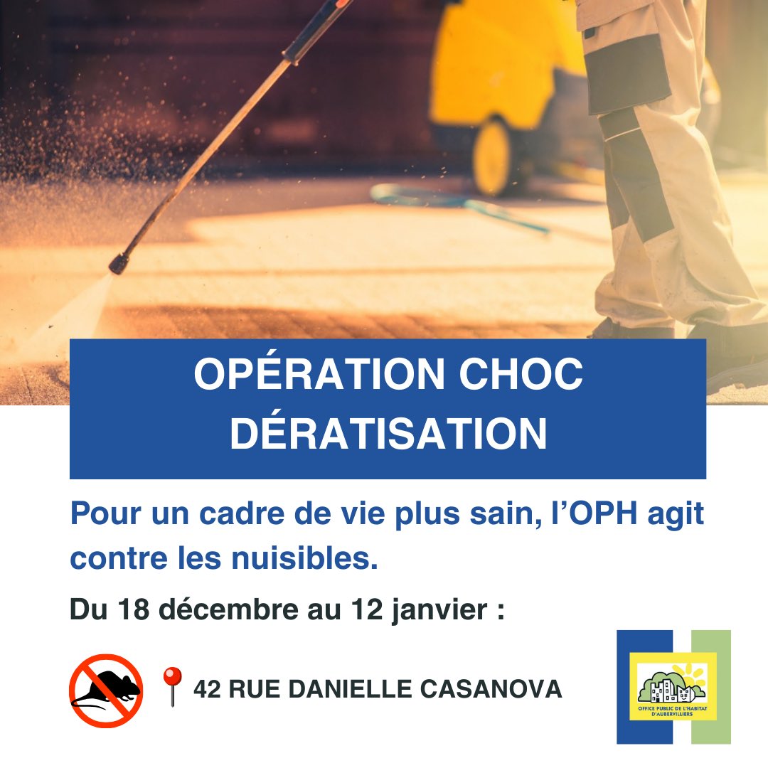 🐀 OPÉRATION CHOC DÉRATISATION 
📍42 rue Danielle Casanova
⚠️ Accès aux caves interdit aux enfants et animaux pendant toute la période.

Pour une action efficace, merci de bien fermer vos poubelles, éviter les dépôts sauvages et ne rien laisser traîner au sol.