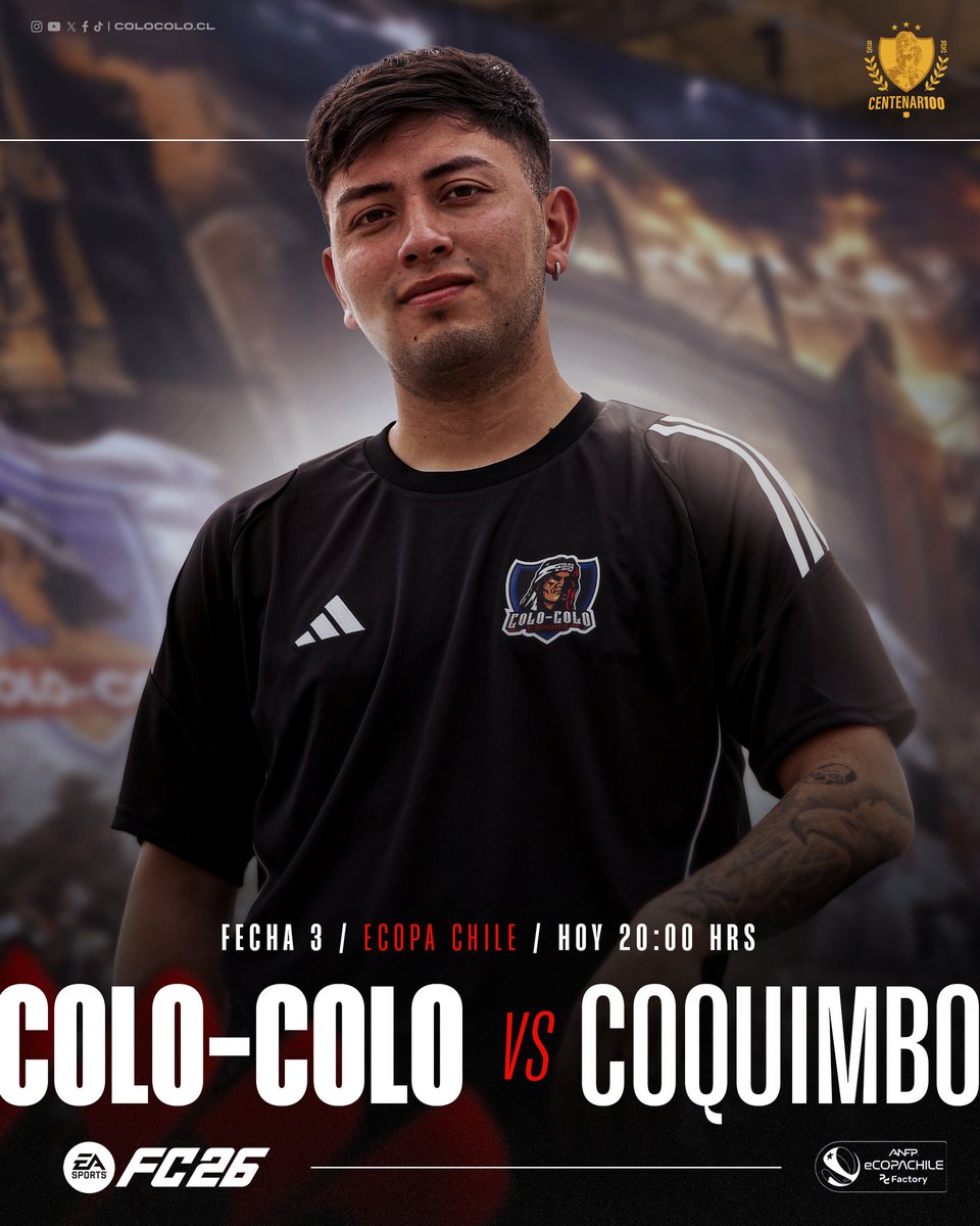 𝐇𝐎𝐘 𝐉𝐔𝐆𝐀𝐌𝐎𝐒 🤟🏼

A las 20 horas disputamos la última fecha de la fase de grupos de la eCopa Chile ante Coquimbo Unido y nos jugamos el paso a los playoffs. Guille está mentalizado para sumar un nuevo triunfo para los albos 🏴🏳

#VamosColoColo • #Centenar100