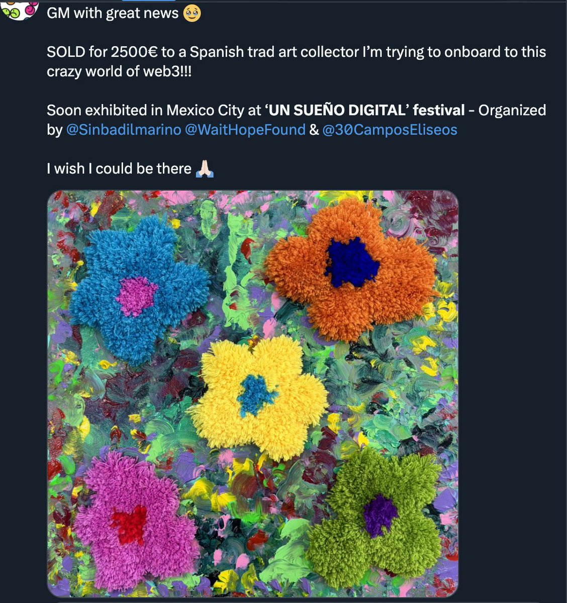 DD_NFTcollector's tweet image. Recent discoveries that needs to be prioritized

- and we are getting help from @RiRi_LotusQueen  reaching out to those affected

1. MireyitaStudio will be exhibiting a work in an international event Sueños Compartidos (Shared Dreams) - a group exhibition taking place from…