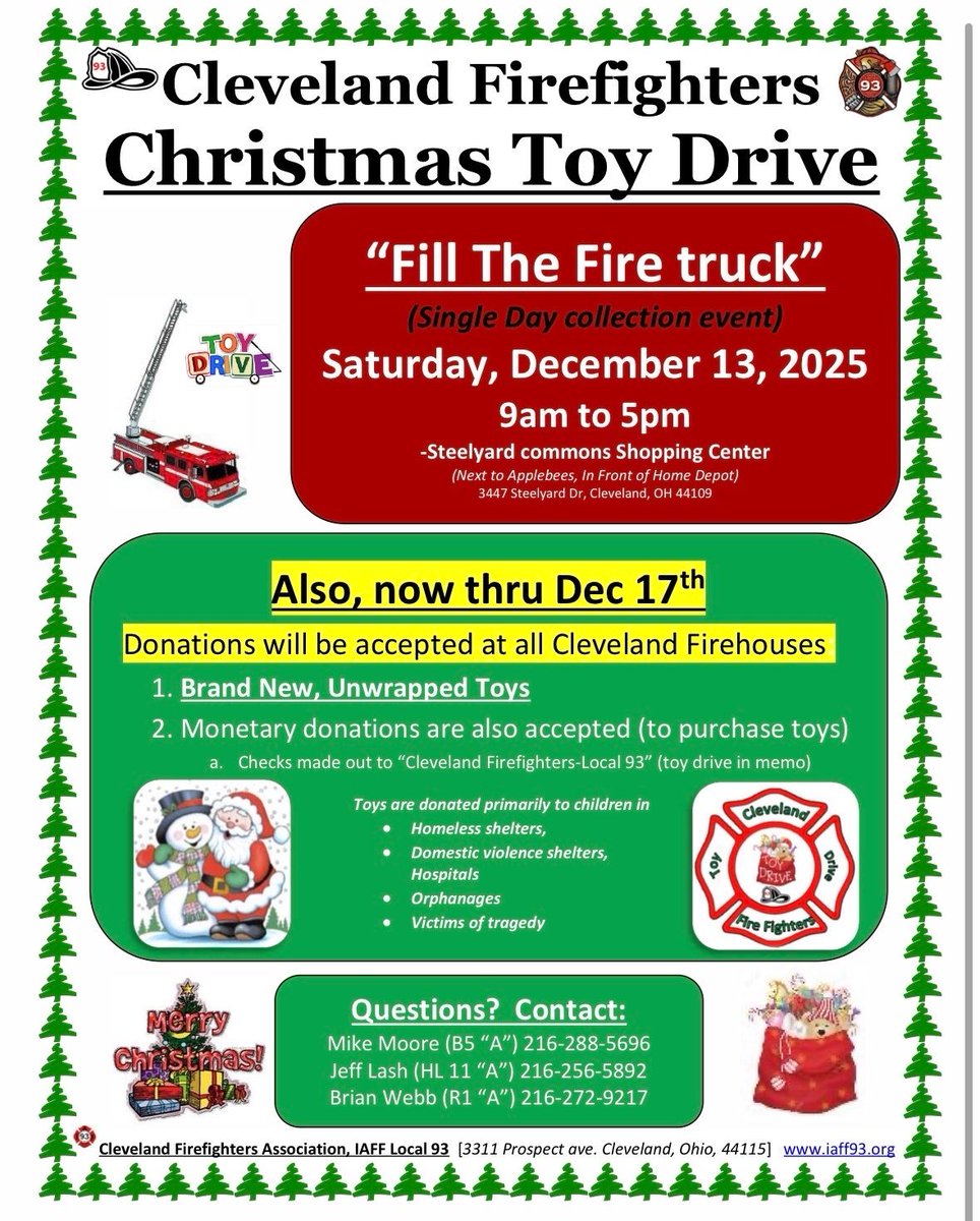Cleveland Firefighters will be accepting donations of brand new toys and money this Saturday at Steelyard commons shopping center.