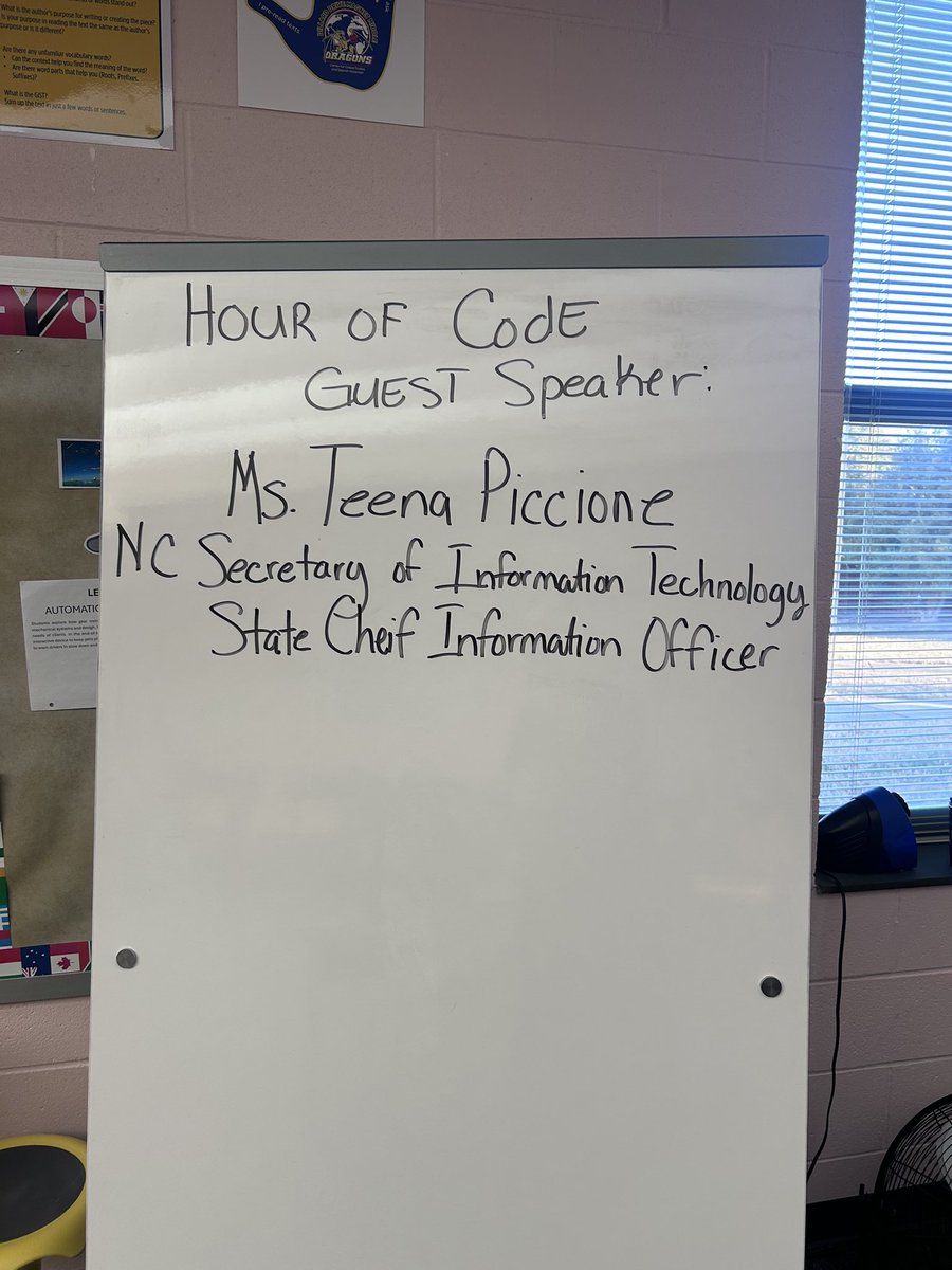 DDMMSDragons's tweet photo. We are thrilled to have Teena Piccione the state chief information officer and secretary for the N.C. Department of Information Technology for Hour of Code! She will be sharing her knowledge on AI! @WCPSS @NCDIT #hourofcode https://t.co/Ra6v3dVDyT