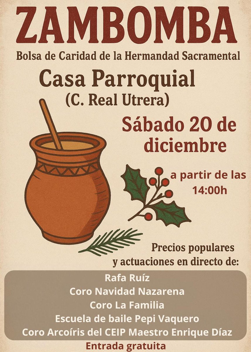 II ZAMBOMBA NAVIDEÑA.
Sábado 20 de diciembre en la Casa Parroquial, con actuaciones en directo y servicio de barra con precios populares. 
¡Os esperamos!