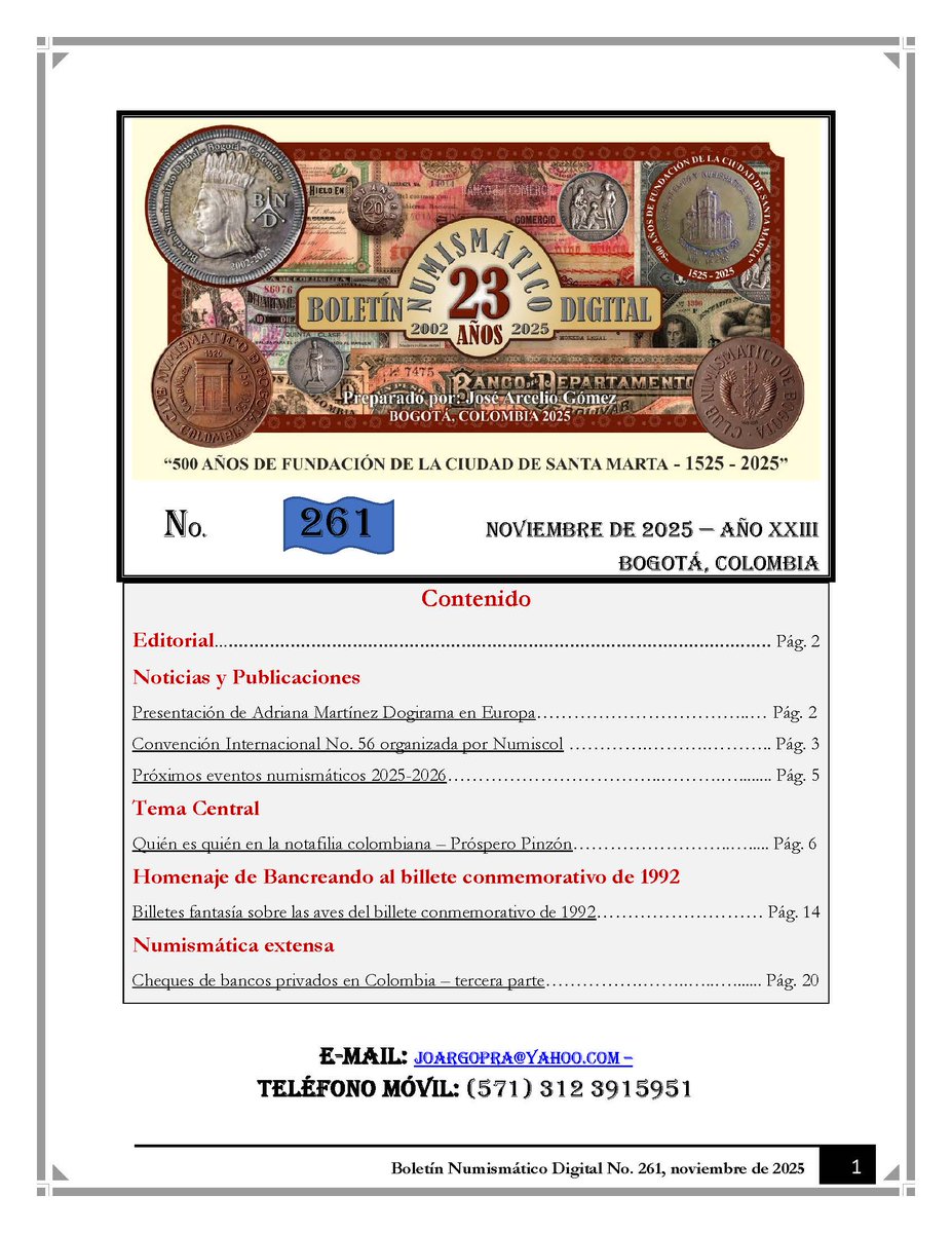 Circula el número 261 del Boletín Numismático Digital preparado por José Arcelio Gómez Prada. bit.ly/4q2q1hu