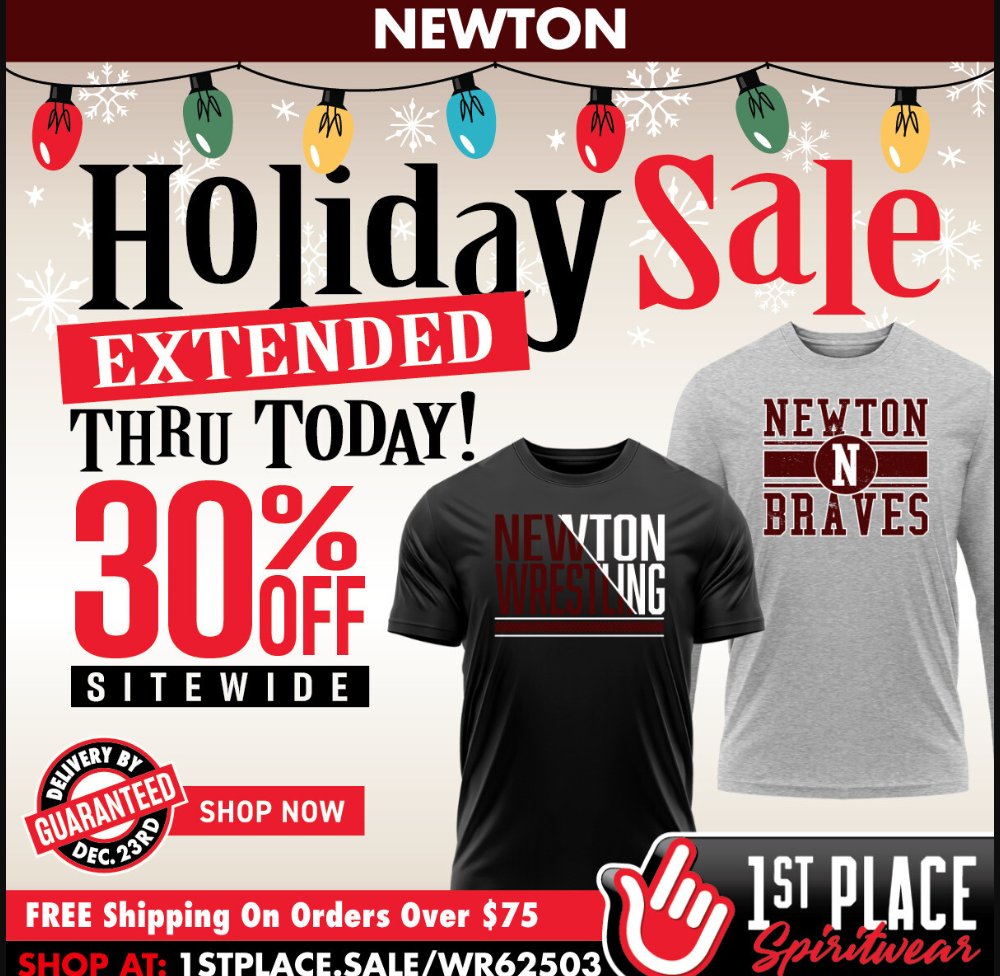 NewtonHSWrest's tweet photo. Great news! Our Newton Wrestling fan gear sale has been extended one extra day! You now have until tonight to place your order and still get guaranteed Christmas delivery. Don’t miss your final chance to save 30% sitewide! Order Now! 
https://t.co/gh7eC4s7em https://t.co/66gPasYb28