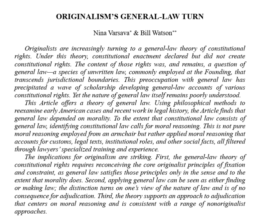 BWatson_theory's tweet image. Nina Varsava (@NinaVarsava) and I just posted our paper "Originalism's General-Law Turn" to SSRN. The paper is still a work in progress, and comments and criticisms are very welcome. papers.ssrn.com/abstract_id=59…