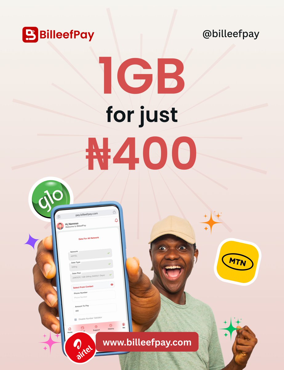 billeefpay's tweet photo. Your cheapest data plug is here! 📷
Enjoy 1GB for ₦400 instantly on BilleefPay.
Top up fast → https://t.co/4YIHHVQDAw https://t.co/HuH836onqi