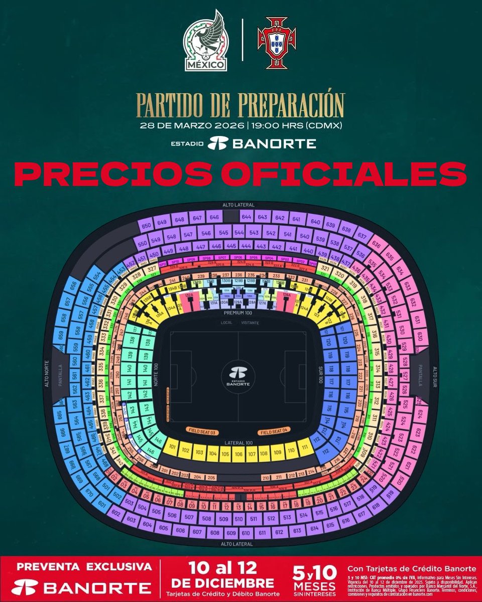 ailoviutl's tweet photo. Selección Nacional de Mexico vs Portugal 
⚽️ Partido de Preparación ⚽️
🗓️ Sábado 28 de Marzo del 2026 🗓️
🏟️ Estadio Banorte 🏟️
📍 CDMX 📍🇲🇽 México 🇲🇽

🎫 Venta Exclusiva 9:00 AM 🎫 Acepta todas las tarjetas Crédito/Débito Banorte 🎫 Límite de Compra: 6 Boletos

Link: https://t.co/68stul3V2C

🎟️ Precios de Boletos con Cargos 🎟️

PREMIUM A CHAIRMAN’S CLUB: $9,000
PREMIUM A LOCKER CLUB: $8,000
PREMIUM B LOCKER CLUB: $8,000
SIERRA PORCH: $8,000
PREMIUM A CORNER CLUB: $6,500
PALCOS CLUB: $6,000
PLATEA 200: $6,000
LATERAL 300A: $5,000
NORTE 100: $3,800
SUR 100: $3,800
LATERAL 300B: $3,800
ALTO LATERAL: $2,500
CABECERA 300: $1,750
PREFERENTE 300: $1,500
ALTO NORTE: $1,500
ALTO SUR: $1,500
ALTO LATERAL UF: $500
ALTO NORTE UF: $500
ALTO SUR UF: $500

💳 Fechas de Preventas 💳

-Venta Infinite Banorte: 9 de Diciembre 9 AM

-Preventa Banorte: 11 y 12 de Diciembre 9:00 AM (Tarjetas de Crédito y Débito)

-Venta General: 13 de Diciembre
(Todo tipo de Tarjetas y Bancos)

💲 Boletera: FANKI 💲

🎫 Meses sin Intereses 🎫

5 y 10 MSI con tarjetas de Crédito Banorte

💺 Límite de compra: 6 Boletos 💺

#LigaMX #EstadioAzteca #Portugal #México #CDMX #EstadioBanorte #Ailoviutl #MiSelecciónAzteca #MiSelecciónMX #Portugal #CR7 #CristianoRonaldo #FIFA #FIFAWorldCup2026 #WorldCup2026