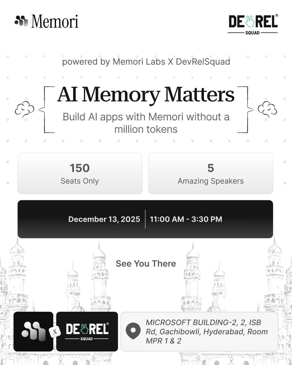 devrelsquad_'s tweet photo. Hyderabad โ weโre LIVE this Saturday! โก๏ธ
AI Memory Matters โ 150 seats, 5 speakers, and a deep-dive into building AI apps without burning a million tokens.
๐
Dec 13 | Microsoft Hyderabad
#AIMemoryMatters #MemoriLabs #DevRelSquad #AgenticAI #AICommunity https://t.co/7QRKaTc8Kb