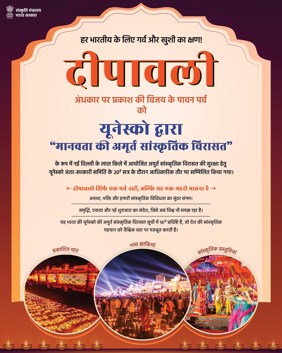 MinOfCultureGoI's tweet image. UNESCO की अमूर्त सांस्कृतिक धरोहर (ICH) सूची में दीपावली का शामिल होना भारत की समृद्ध सांस्कृतिक परंपराओं की वैश्विक मान्यता का प्रतीक है। संस्कृति मंत्रालय के निरंतर प्रयासों से भारतीय परंपरा का यह प्रकाश विश्व मंच तक पहुँचा है। 

#CultureUnitesAll #IGC #ICH #20COM2025