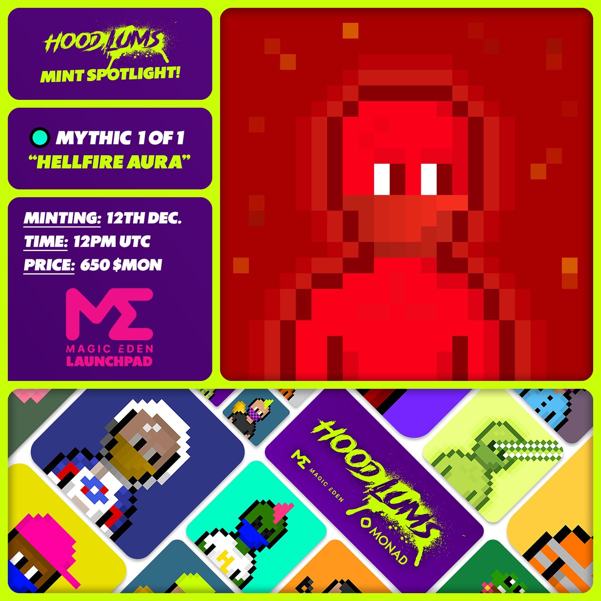Sneak Peek at the Mythic "Hellfire Aura" 1 of 1 from our <a href="/HoodlumsMonad/">Hoodlums</a> collection!

Minting TOMORROW from 12pm UTC, EXCLUSIVELY on <a href="/MagicEden/">Magic Eden 🪄</a> Launchpad! 🧢

🔗  magiceden.io/launchpad/mona…