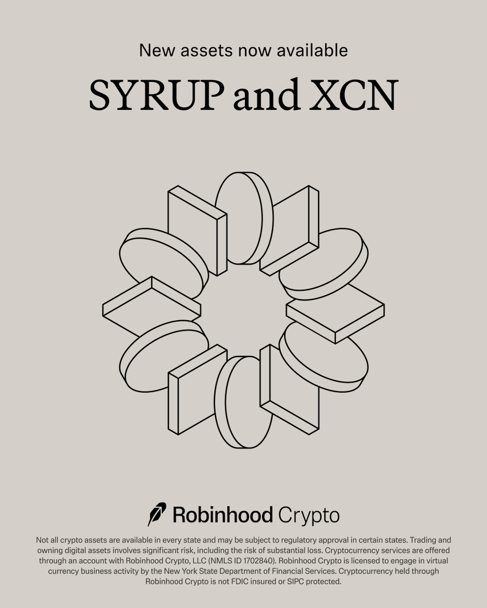 RobinhoodApp's tweet image. $SYRUP and $XCN are now available to trade on Robinhood Crypto, including NY.