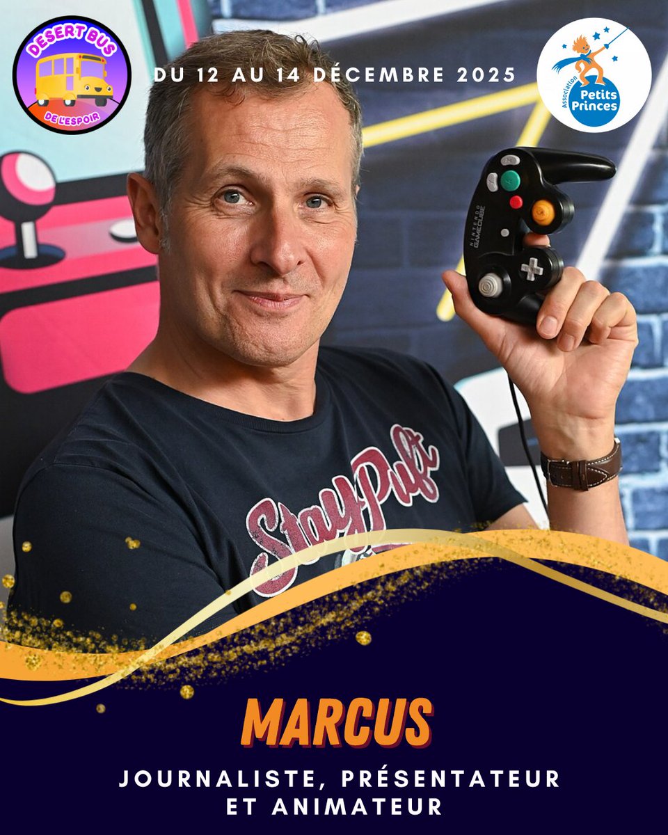 desertbusfr's tweet photo. 🚍 Marcus est de retour au Desert Bus de l'Espoir !

Journaliste, animateur et présentateur... Des générations de gameur.euses ont hâte de le voir reprendre le volant du bus et soutenir @petitsprinces ! ✨

📺 12 → 14 décembre sur Twitch !

#DesertBusFR #AssociationPetitsPrinces https://t.co/pEvhuhbZ7w