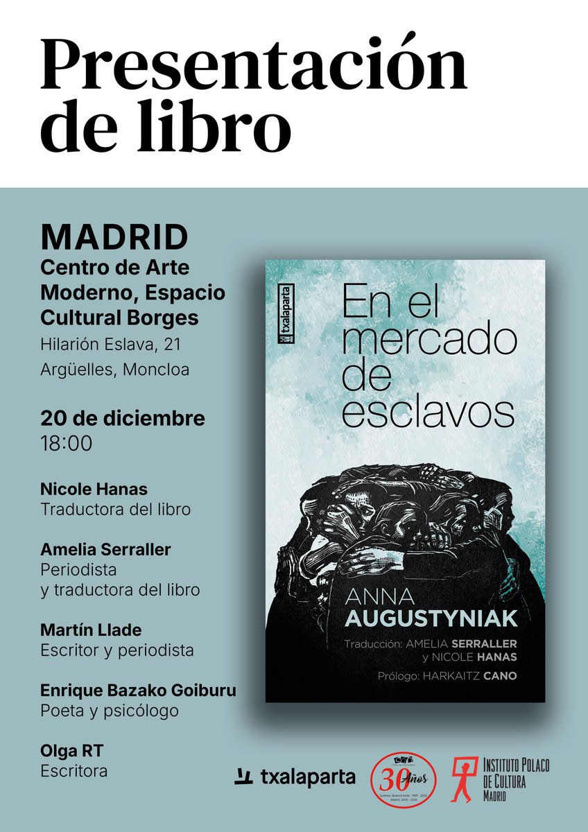 📚 La Editorial <a href="/txalapartatik/">Txalaparta</a> ha publicado en España "En el mercado de esclavos" de #AnnaAugustyniak, traducido por <a href="/AmeliaSerraller/">Amelia Serraller</a> y Nicole K. Hanas.

📆 20/12
📍 Centro de Arte Moderno #Madrid

Un relato íntimo sobre trabajadores esclavizados en la #Alemanianazi.