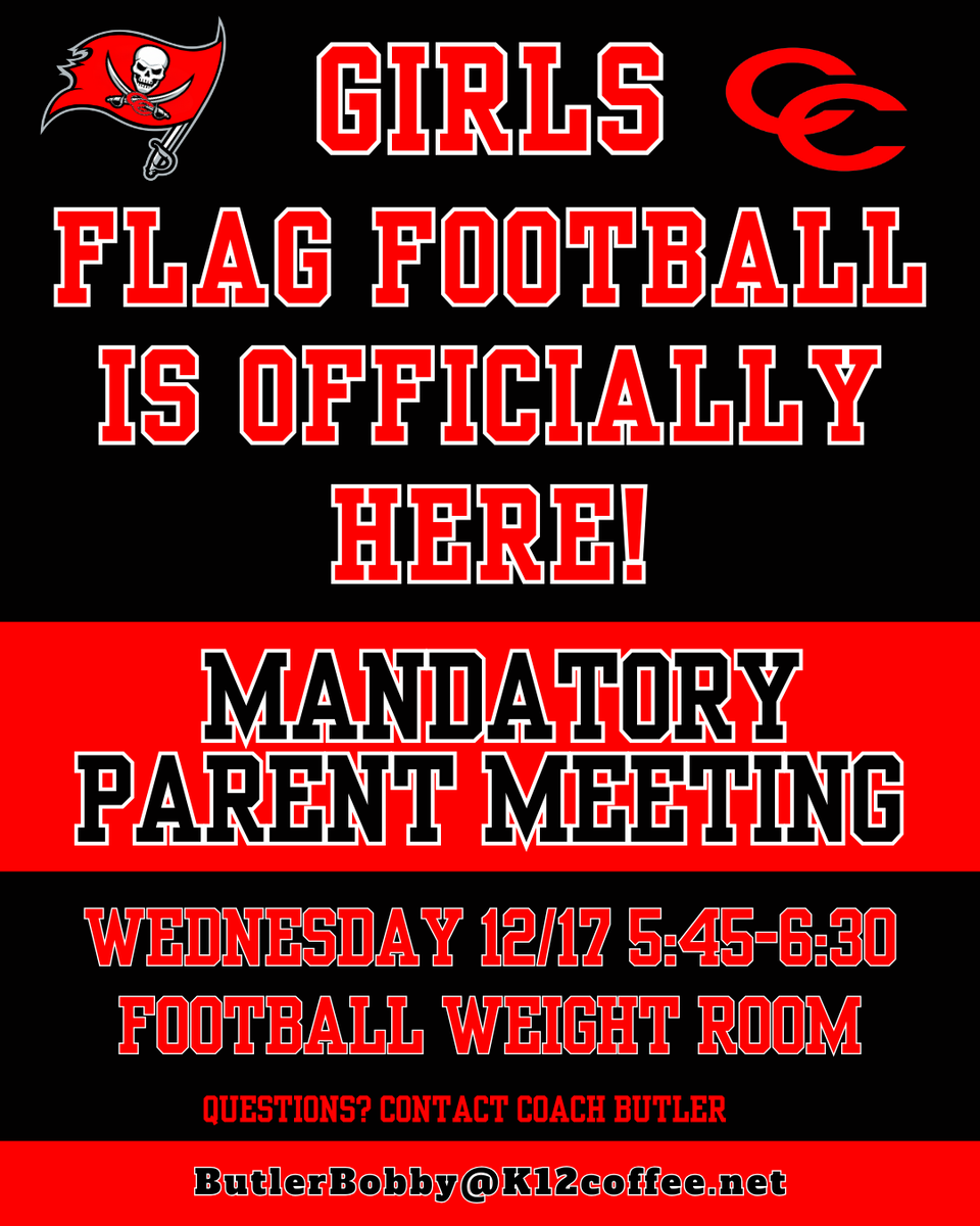 CoffeeCoRaiders's tweet photo. CCCHS is bringing Flag Football to our community!  Parents of girls who are interested in playing, come out Wednesday, December 17th to find out specifics. https://t.co/AJ0Sn7JYXC