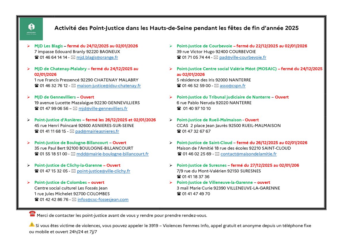 Cdad92's tweet photo. 📢 Pour votre information ! 

⚖️ Retrouvez le planning de l’activité des point justice dans les Hauts-de-Seine pendant la période des fêtes de fin d'année 2025.

👉 Merci de contacter les point justice avant de vous y rendre pour prendre rendez-vous. https://t.co/IUpTMrGuf5