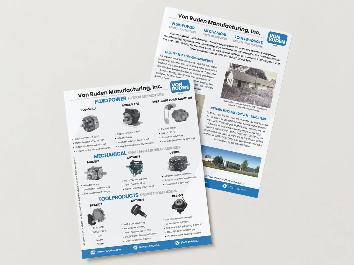 VRMinc's tweet photo. Fresh look. Same trusted quality.
Our new Von Ruden flyers are here! ⚙️ 💙

Head to our website to view! Individual product flyers arrive soon ⏳

#VRMinc #VonRuden #Manufacturing #MadeInUSA #PrecisionEngineering #Hydraulics #LiveTooling https://t.co/h9yaR1TVQ0
