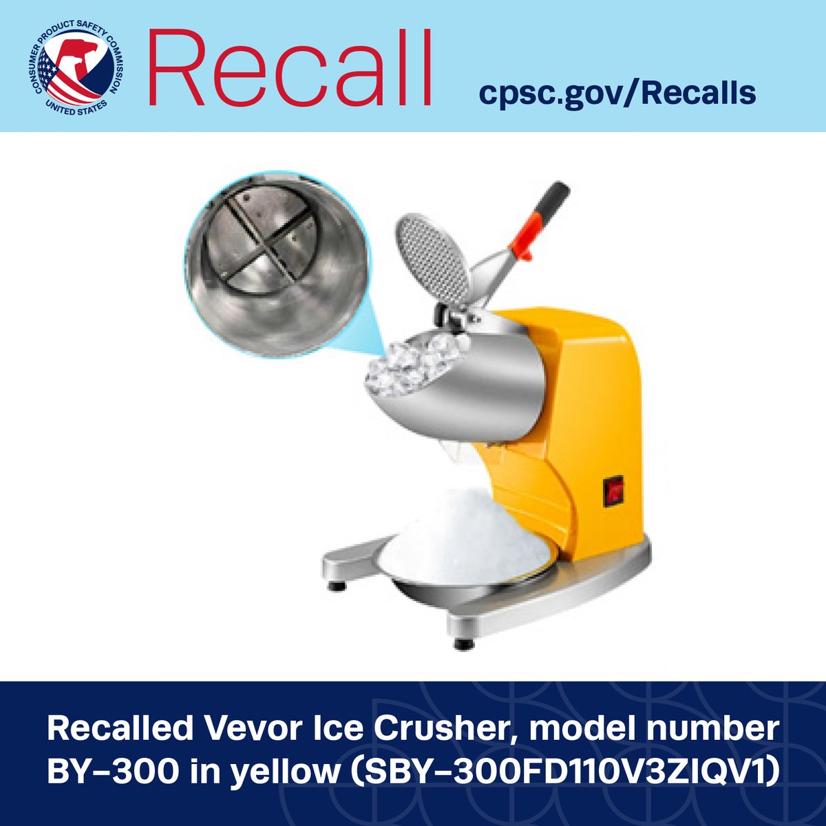 USCPSC's tweet photo. #RECALL: Sanven Technology Vevor Ice Crushers; The ice crusher can experience a thermal event and ignite, posing a fire hazard. Get full refund. https://t.co/UxP4HTNn9e https://t.co/333qVWp9yI