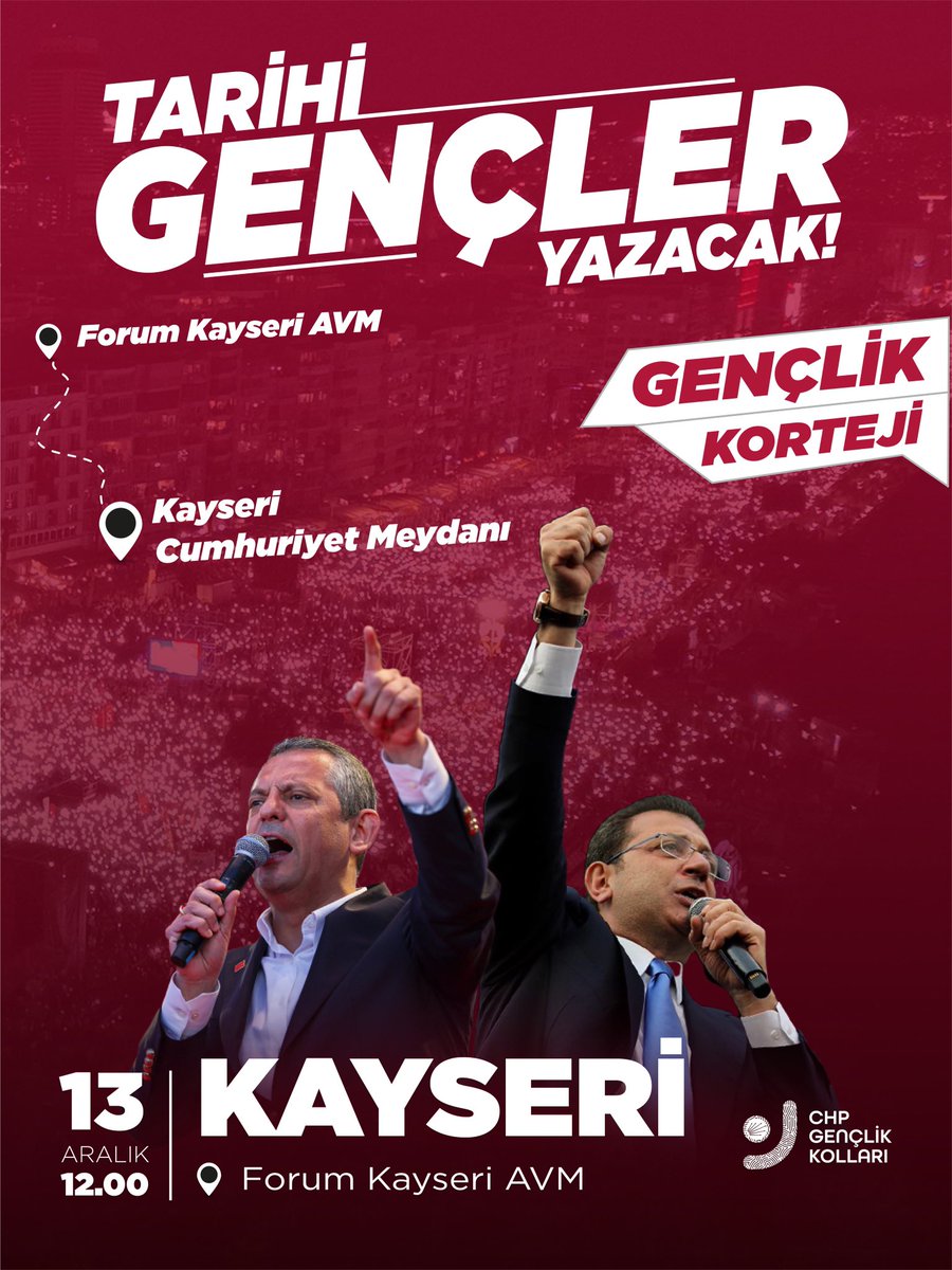 Gençlik kortejinde buluşuyor, özgürlük için yürüyoruz.

📍Forum Kayseri AVM Önü
📅13 Aralık Cumartesi
🕣12.00