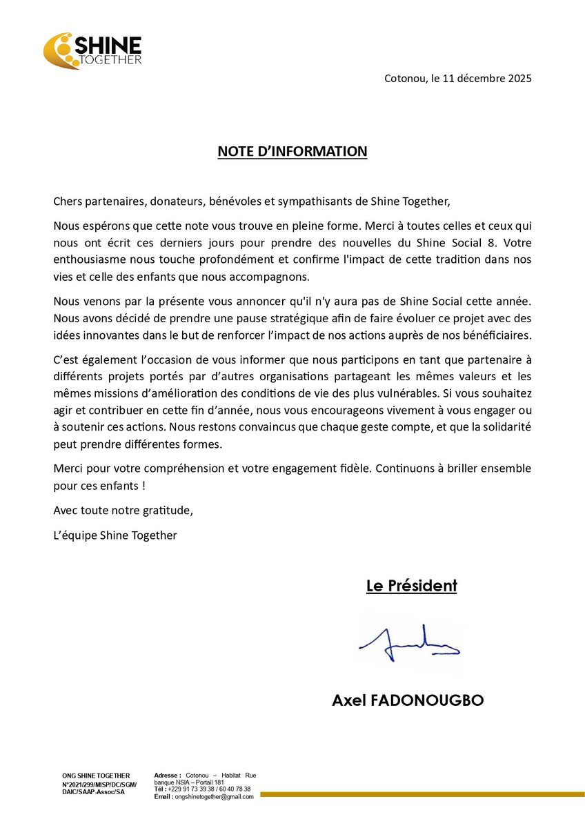 📢 NOTE INFORMATIVE

Shineuses, Shineurs,
Nous avons une information à vous faire passer concernant le Shine Social 8.
Merci de prendre quelques instants pour lire cette note. 

Votre soutien reste notre plus grande force. 💛
#ShineTogether #enfantderue #NotreEngagementContinue