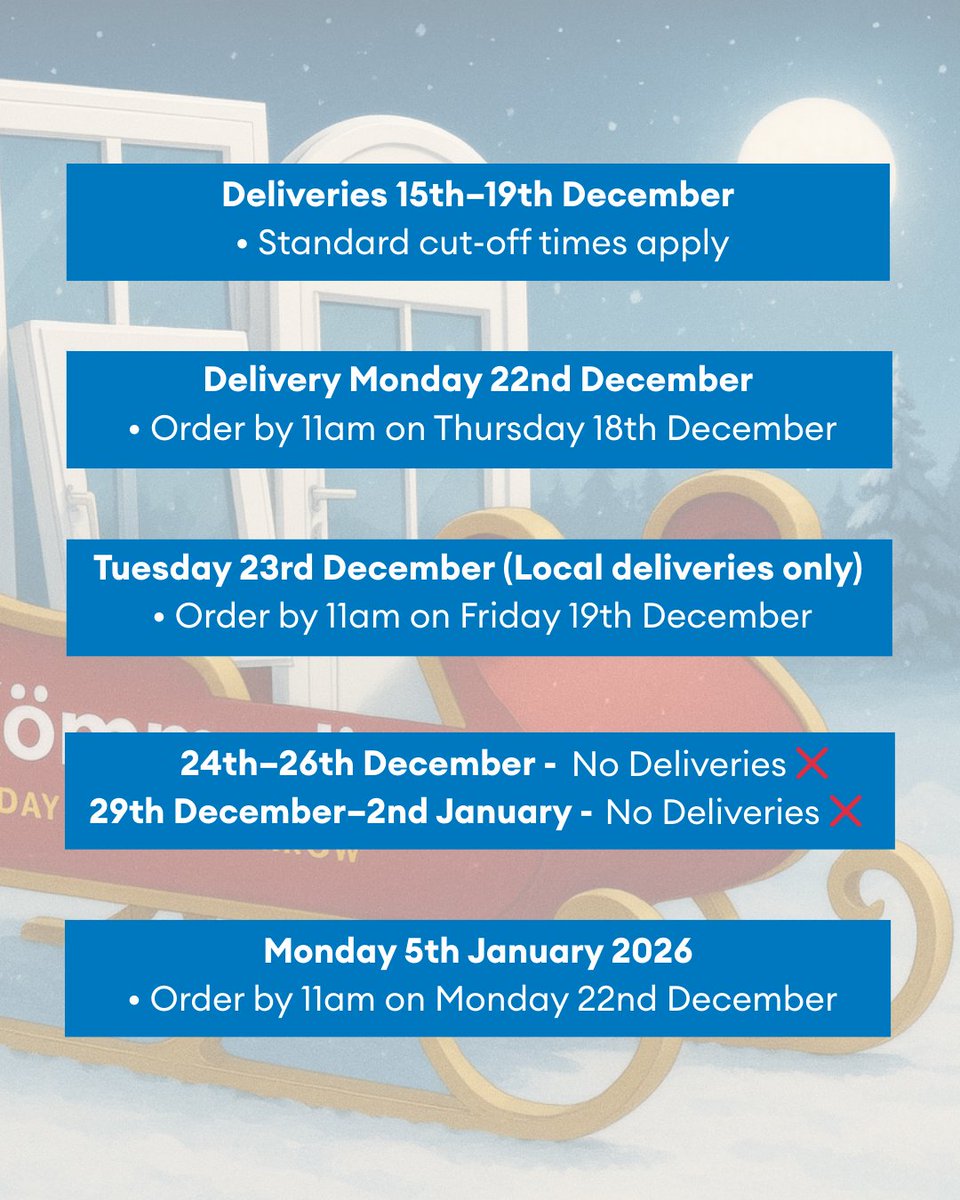 kommerling_uk's tweet photo. Our sleighs AKA lorries, are ready to make their final deliveries before the festive season. Please note our last order deadlines to ensure you receive yours.

If you require support, our Customer Service Team is here to help: https://t.co/uCuHcHrin3 https://t.co/BprmZ6frhy