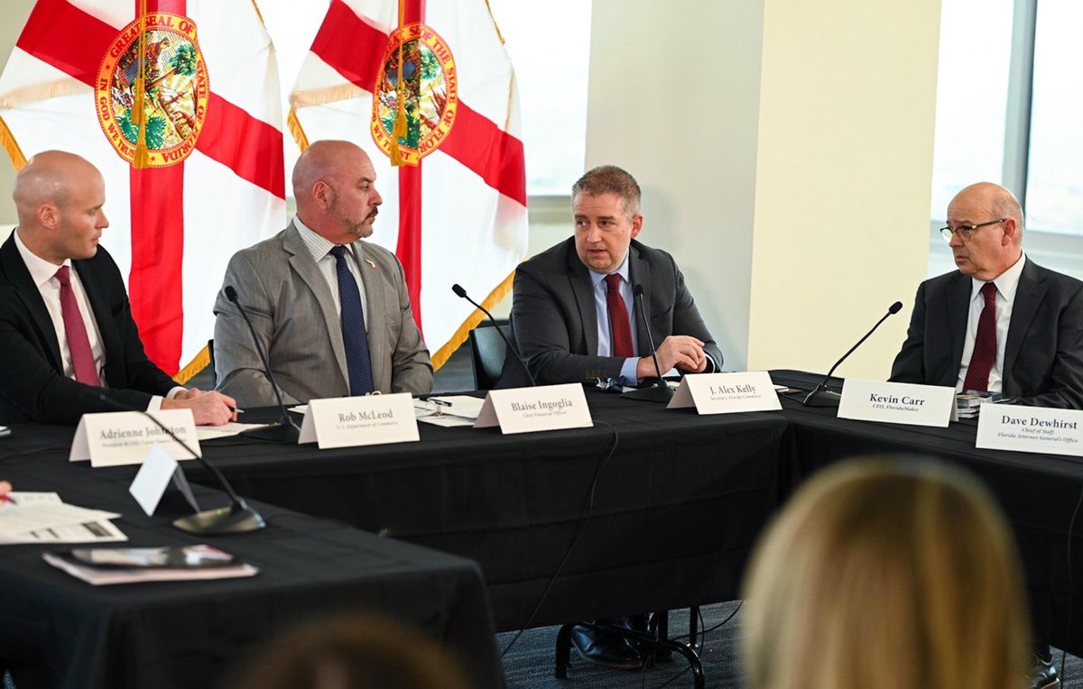 Yesterday, <a href="/FLSecofCommerce/">Secretary J. Alex Kelly</a> J. Alex Kelly joined a roundtable hosted by Florida <a href="/CFOIngoglia/">Florida CFO Blaise Ingoglia</a> and the <a href="/US_EDA/">EDA</a> discussing Fiscal Year 2025 Disaster Supplemental funding. Designated for economic recovery activities in areas that received major natural disaster declarations in 2023