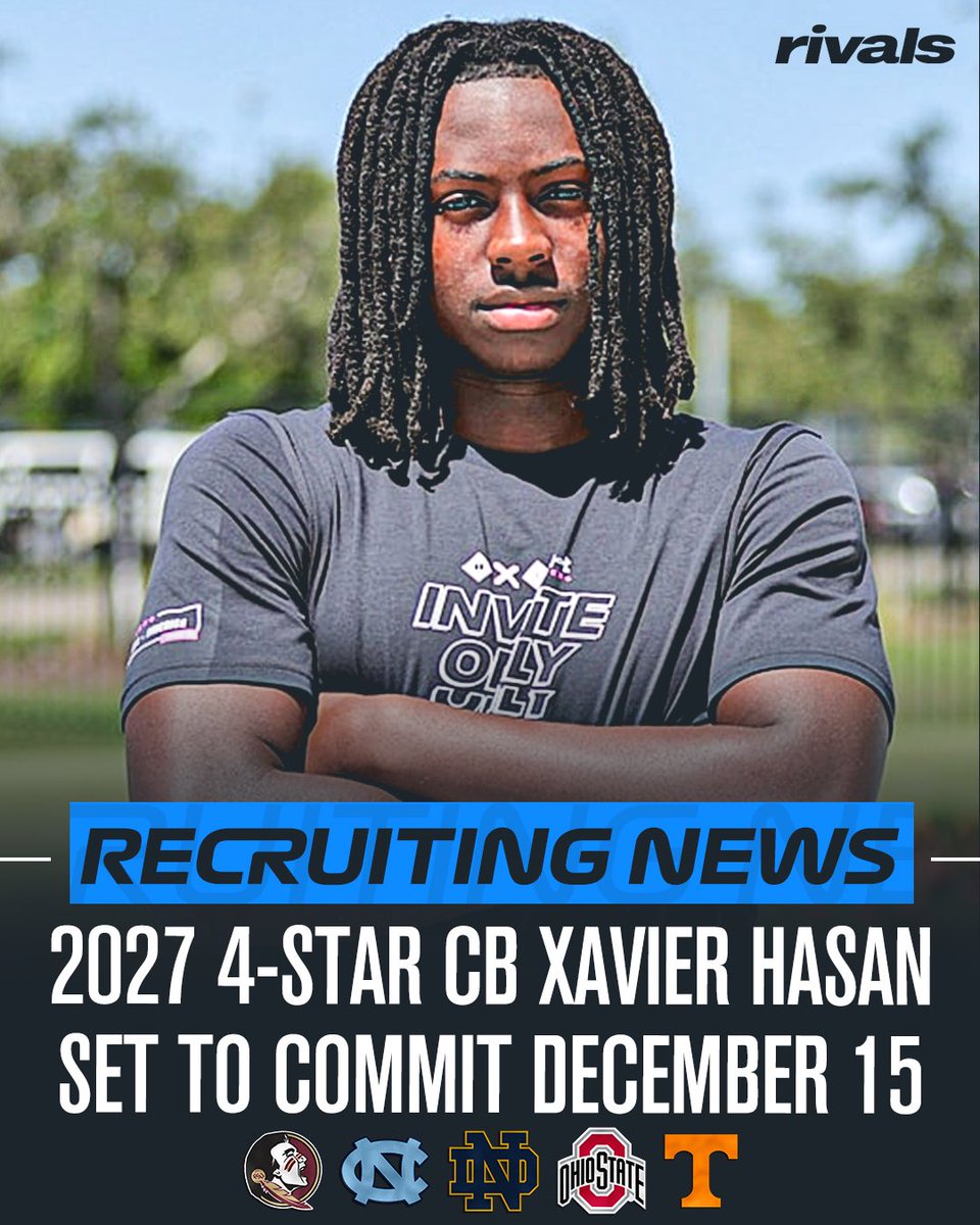 Rivals's tweet photo. 🚨NEWS🚨 Elite 2027 CB Xavier Hasan will announce his commitment on December 15, @SWiltfong_ reports. 

Hasan’s finalists are Florida State, North Carolina, Notre Dame, Ohio State and Tennessee.

Read: https://t.co/ab8lSSOJ9c https://t.co/mYydjTI8Nc