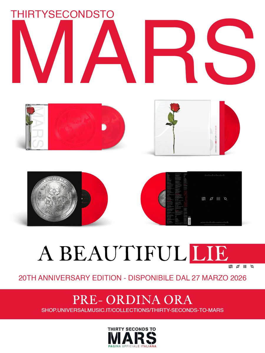 💿  A BEAUTIFUL LIE - 20TH ANNIVERSARY EDITION 💿 

Chi non vede l'ora di avere fra le proprie mani questa meravigliosa chicca e ascoltare questi 3 incredibili inediti dei Thirty Seconds To Mars? Noi non stiamo nella pelle 🥹❤️

🔗 Pre-ordina ora:
shop.universalmusic.it/collections/th…