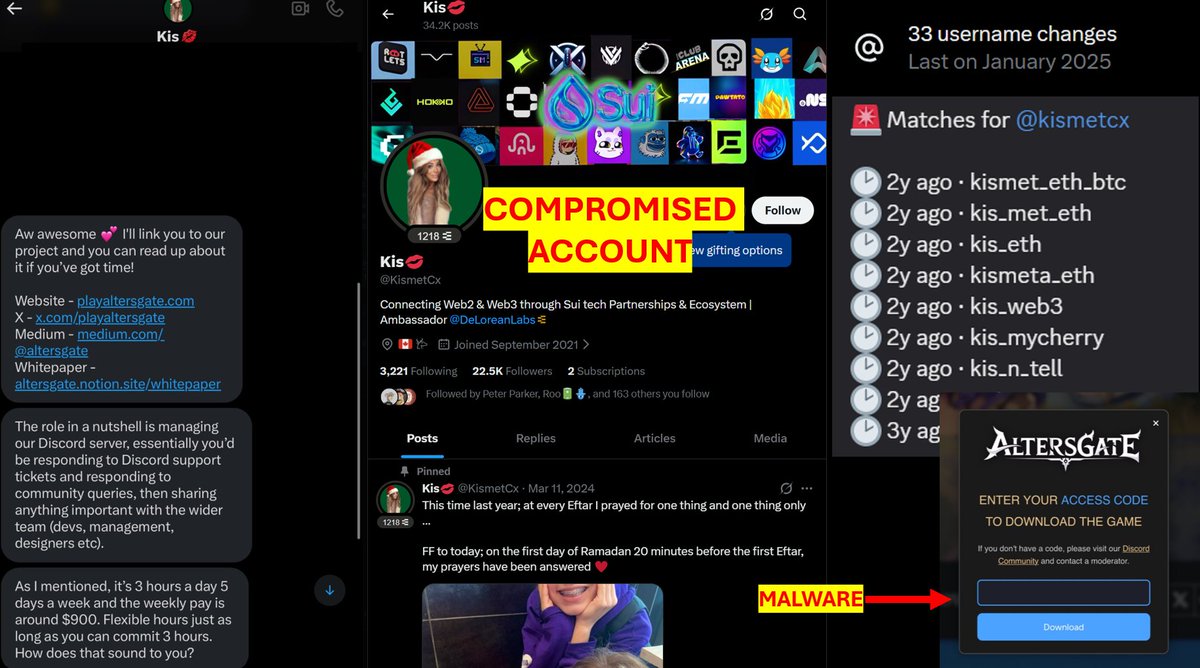 nft_dreww's tweet photo. ⚠️Compromised Account Sending Malware⚠️

An X account with some @SuiNetwork influence is compromised and sending DMs with links leading to malware downloads...

Scammer got a few victims, so if you receive a DM from @KismetCx ignore it!!!!