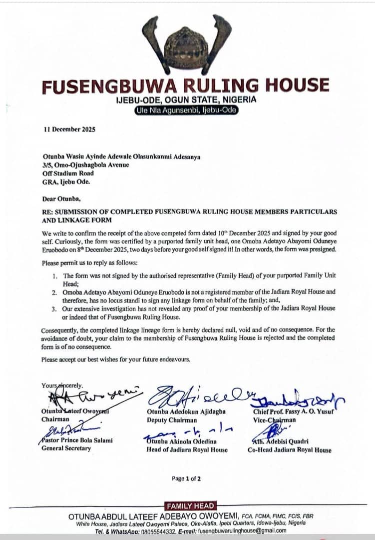 Fusengbuwa Ruling House in Ijebu Ode, my home town rejects Wasiu Anifowose a.k.a KWAM 1’s claim to the Awujale throne.