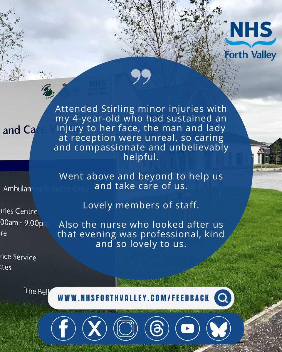 NHSForthValley's tweet image. It's #FeedbackFriday!

This week's comes via Care Opinion for our Minor Injuries Unit. Well done to everyone involved #teamNHSFV 💙

careopinion.org.uk/1408731