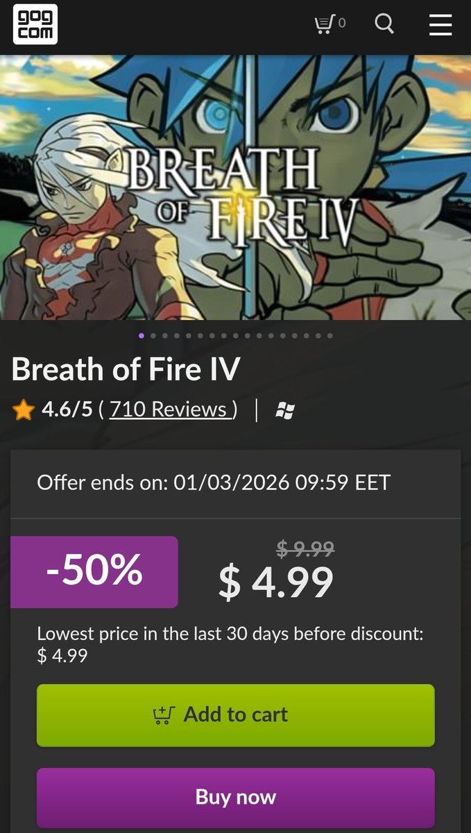 Breath of Fire IV (PC) has been discounted for the Winter Sale on <a href="/GOGcom/">GOG.COM</a>!

Here's your chance to grab this classic RPG for just a few zenny, or as a gift for friends or family for the holidays! 

Offer ends Jan. 3, 2026 9:59 EET / 2:59am EST!

bit.ly/FansBoF4
