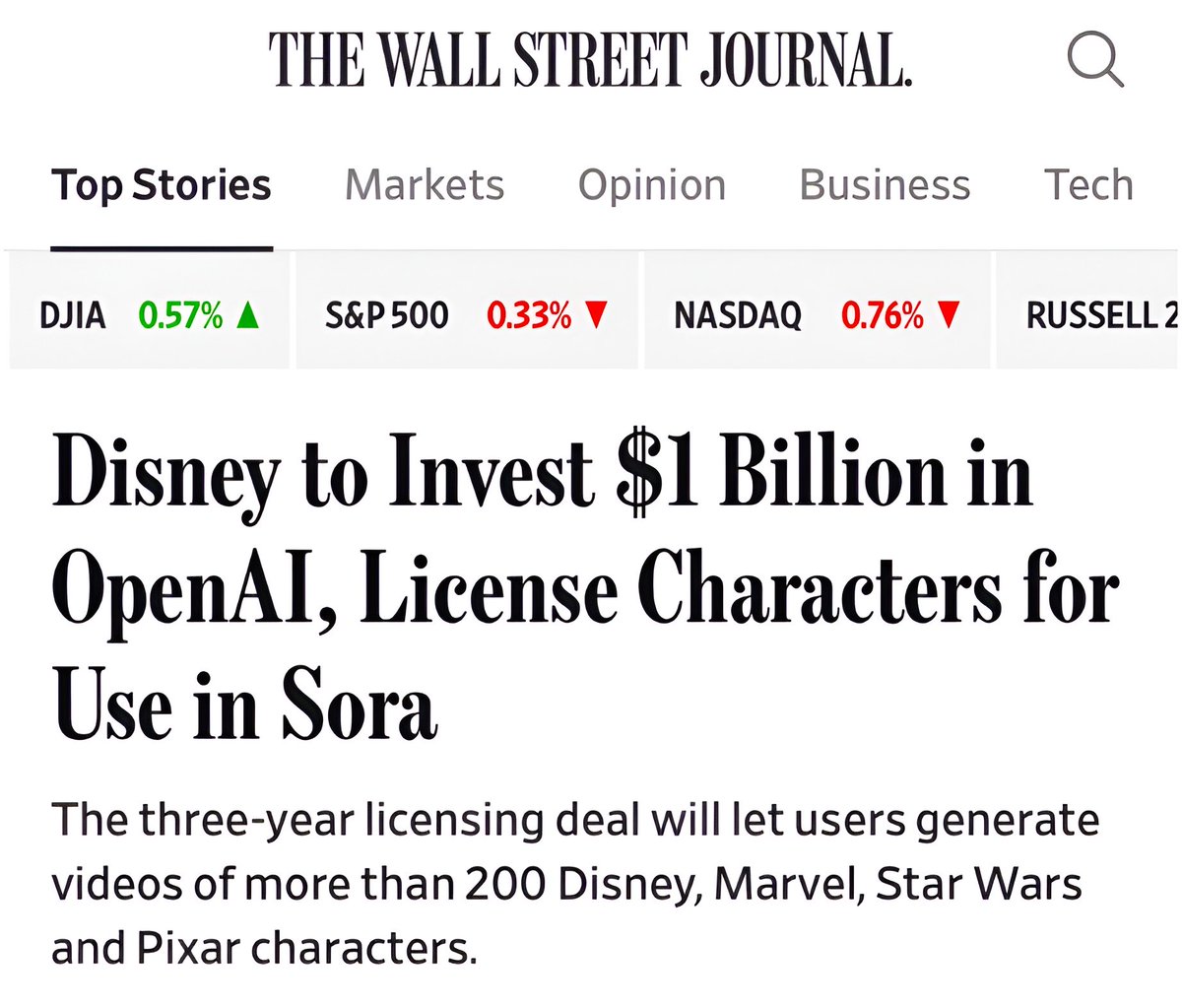 ☕BREW: Disney investe 1 miliardo di dollari in OpenAI.