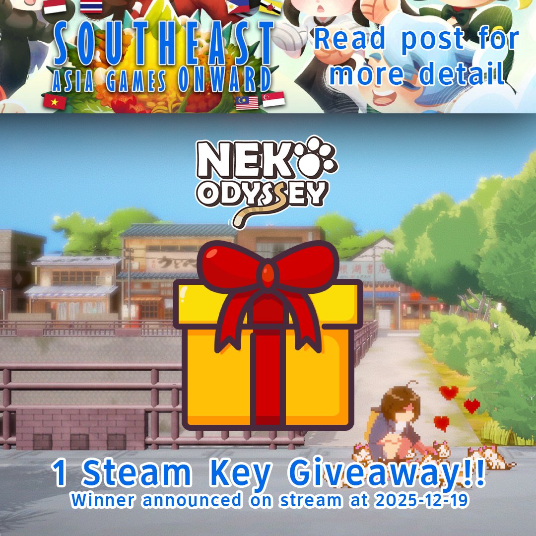DyxaGaming's tweet photo. 🎁Neko Odyssey Giveaway🎁
As we received extra keys from SEAGO 2025, let's make a giveaway!!
Rules:
- Follow @DyxaGaming
- Like &amp; Repost this post
- Tag a friend in comment
*this is a multi-platform giveaway, check image desc.

Good luck! 🍀
#Giveaway #SteamKeyGiveaway https://t.co/UkN5EV9usj