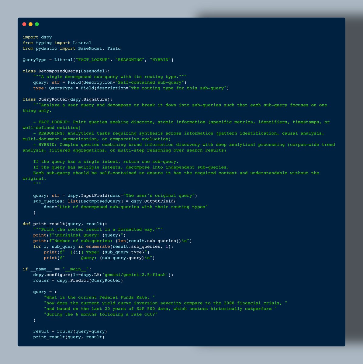 getpy's tweet image. DSPy Signature to  break multi-part questions into atomic, self-contained sub-queries, plus classifies them. 

Post this you can decide how to handle each query.

P.S. Breaking single query prompt into atomic questions is helpful and needed. The made up broad classification is…