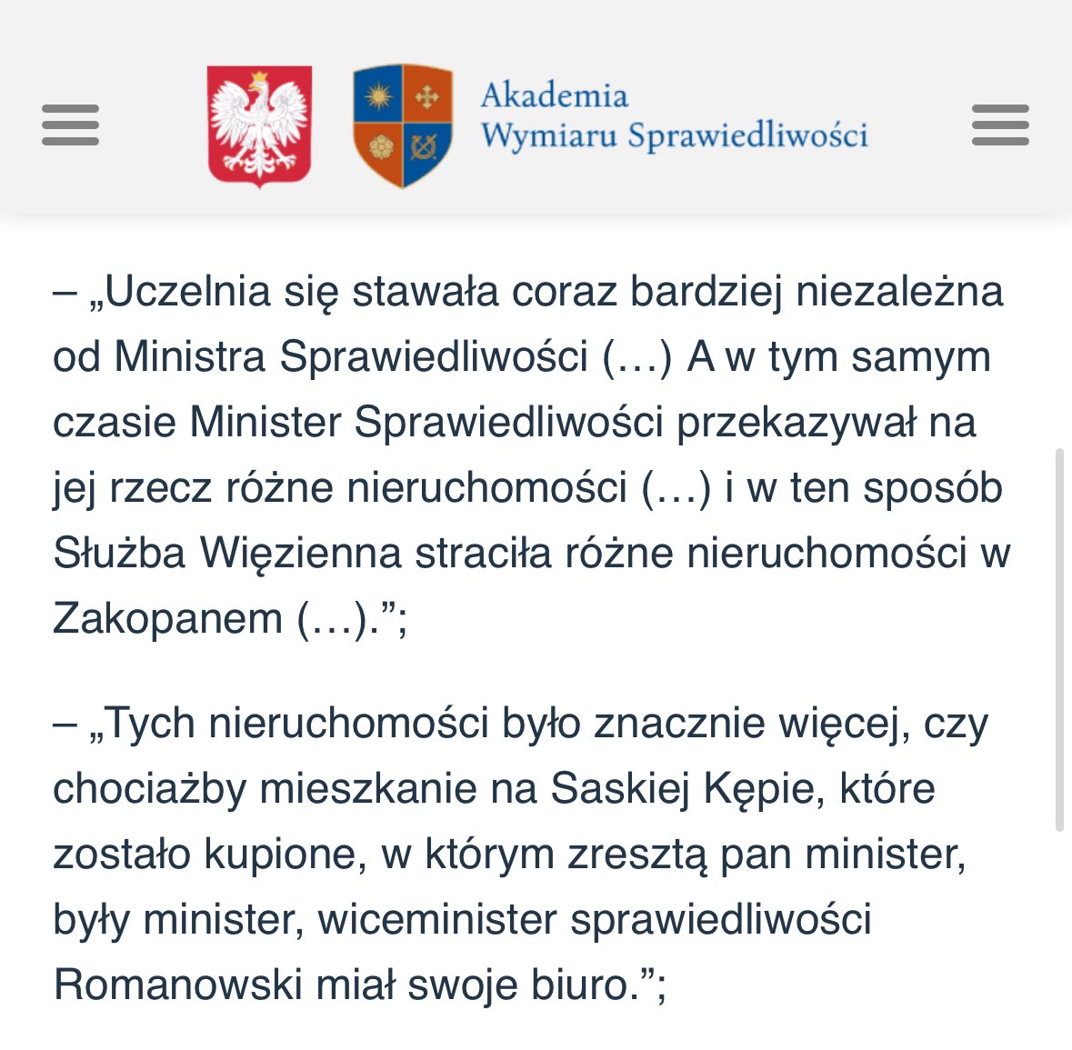 Wzywam Marię Ejchart do natychmiastowego zaprzestania naruszania dóbr osobistych Uczelni!

Proszę o RT!

Akademia Wymiaru Sprawiedliwości nie posiada i nigdy nie posiadała nieruchomości na Saskiej Kępie. Nie mogło znajdować się więc w tejże nieruchomości biuro M. Romanowskiego